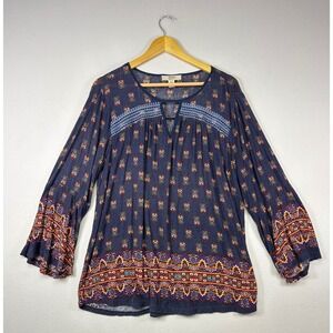 Boho Peasant Vintage America Blues Women 1X Navy Blue Medallion Print Blouse